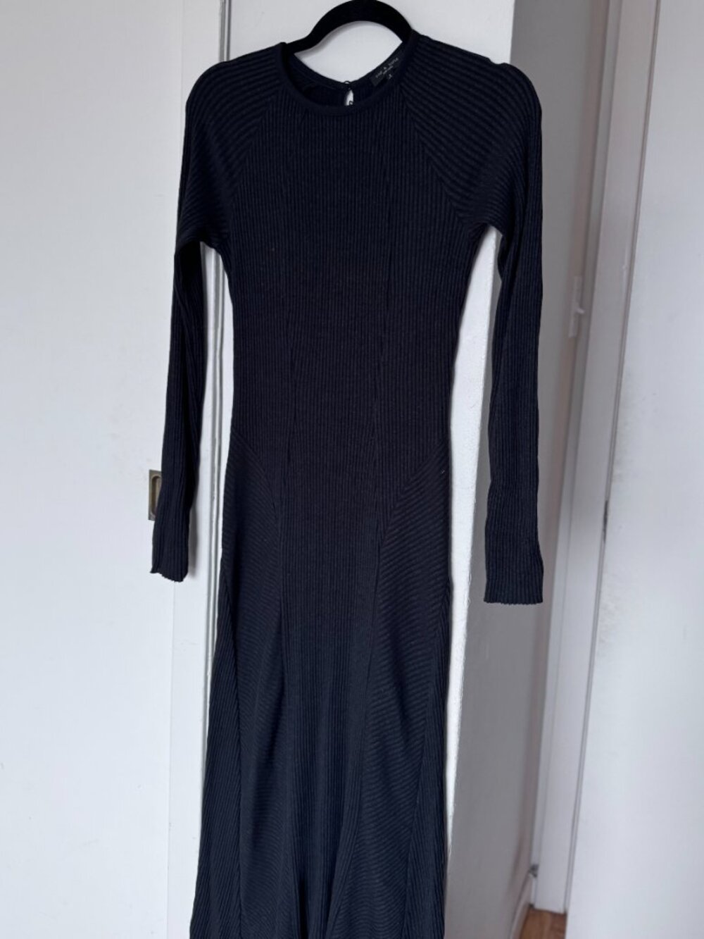 Rag & Bone Long-Sleeve Echo Black Ribbed Knitted Fitted Midi Dress S P